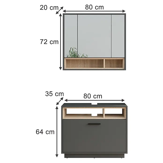 Vicco Badmöbel-Set Beatrice, Anthrazit/Sonoma 80 cm -  - Zweiteiliges modulares Möbelset: grauer Wandschrank mit Holzablage und grau/holzfarbene Medienkonsole mit offenen Fächern und Schublade.