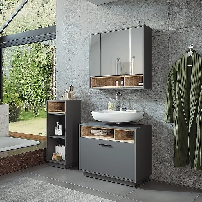 Vicco Badmöbel-Set Beatrice Anthrazit/Sonoma 3 Teile mit Midischrank - Anthrazit, Matt - Modernes graues Badezimmermöbel-Set: Waschtisch mit Waschbecken, Hochschrank und Spiegelschrank, alle mit hellen Holz Akzenten.