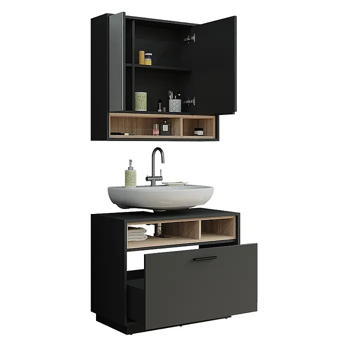Vicco Badmöbel-Set Beatrice, Anthrazit/Sonoma 80 cm -  - Modernes Badezimmer-Set in Schwarz und Eiche mit Wandschrank, Aufsatzwaschbecken, offenen Fächern und Schublade.