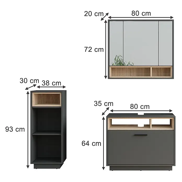 Vicco Badmöbel-Set Beatrice Anthrazit/Sonoma 3 Teile mit Midischrank - Anthrazit, Matt - Drei modulare Aufbewahrungseinheiten in Dunkelgrau und hellem Holz, mit verschiedenen Abmessungen für flexible Anordnung.