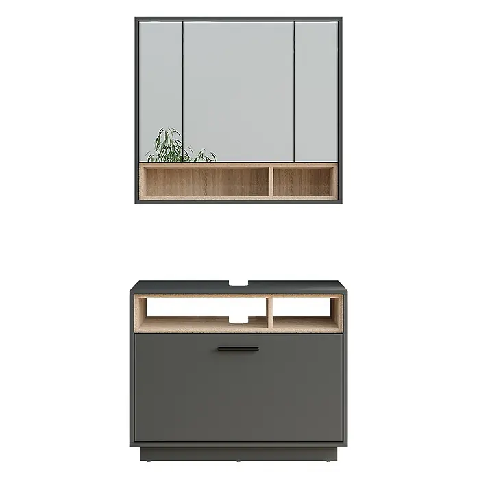 Vicco Badmöbel-Set Beatrice, Anthrazit/Sonoma 80 cm -  - Modernes Möbelset in Dunkelgrau & hellem Holz: Spiegelschrank mit offenen Fächern, Unterschrank mit Schublade & Ablage.