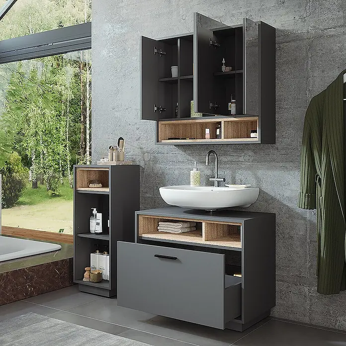 Vicco Badmöbel-Set Beatrice Anthrazit/Sonoma 3 Teile mit Midischrank - Anthrazit, Matt - Modernes Badmöbelset in Grau und heller Holzoptik mit Waschbecken, Hochschrank und Spiegelschrank.