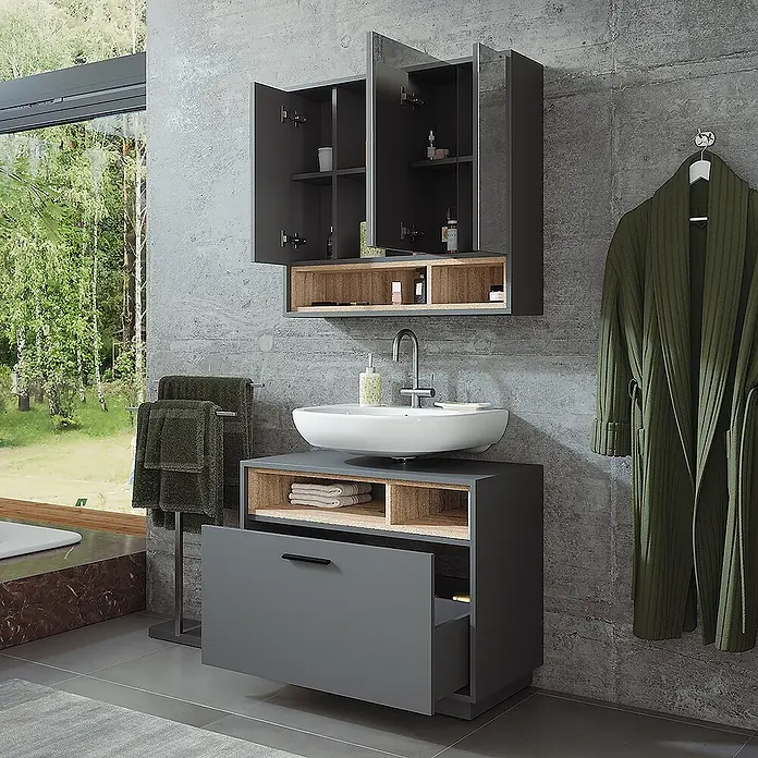 Vicco Badmöbel-Set Beatrice, Anthrazit/Sonoma 80 cm -  - Moderne Badezimmer-Waschtischanlage in Grau und Holz mit weißem Waschbecken und Spiegelschrank.