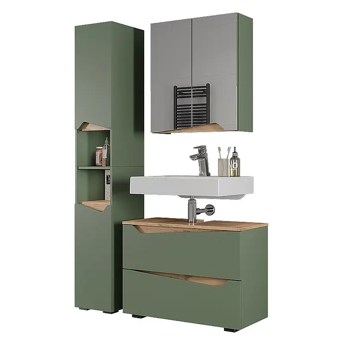 Vicco Badmöbel-Set Marelle Grün/Artisan 3 Teile mit Hochschrank - Grün, Matt - Grüne Badmöbel: Hochschrank, Spiegelschrank, Waschtischunterschrank mit Waschbecken, mit Holzdetails.