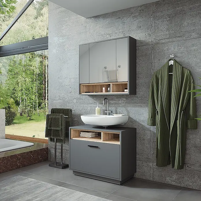 Vicco Badmöbel-Set Beatrice, Anthrazit/Sonoma 80 cm -  - Badezimmermöbelset: Dunkelgrauer Waschtisch mit Holzakzenten und Waschbecken, dazu passender Spiegelschrank.