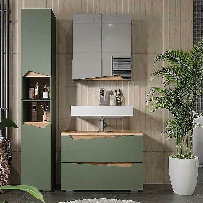 Vicco Badmöbel-Set Marelle Grün/Artisan 3 Teile mit Hochschrank - Grün, Matt - Grünes Badezimmermöbelset mit Hochschrank und Waschtischunterschrank, mit markanten eckigen Holzausschnitten.