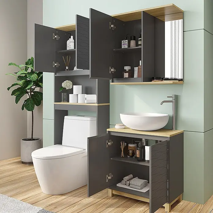 Vicco Badmöbel-Set Livia Anthrazit/Eiche 3 Teile - Anthrazit, Matt - Dunkelgraues Badmöbel-Set mit Holzdetails, inklusive Überbau-WC-Schrank und Waschtisch mit weißer Aufsatzschale, in modernem Bad.
