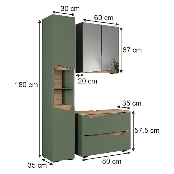 Vicco Badmöbel-Set Marelle Grün/Artisan 3 Teile mit Hochschrank - Grün, Matt - Grüne Möbelgarnitur mit Holz-Akzenten, bestehend aus Hochschrank, Hängeschrank und Kommode, mit Maßen.