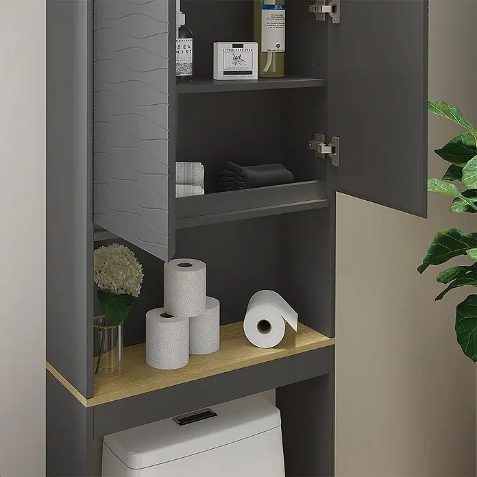 Vicco Badmöbel-Set Livia Anthrazit/Eiche 3 Teile - Anthrazit, Matt - Grauer Badschrank über Toilette mit Holzablage für Toilettenartikel und Papier.