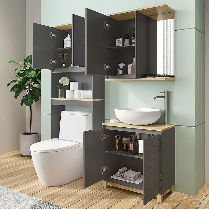 Vicco Badmöbel-Set Livia Anthrazit/Eiche 3 Teile - Anthrazit, Matt - Modernes dunkelgraues und helles Holz-Badezimmermöbelsystem mit Wandschränken, Toilettenregal und Waschtisch mit weißem Becken.