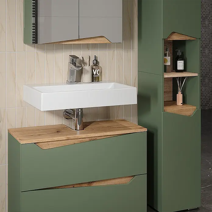 Vicco Badmöbel-Set Marelle Grün/Artisan 3 Teile mit Hochschrank - Grün, Matt - Salbeigrüner Badezimmerschrank mit weißem Waschbecken und hohem Schrank, akzentuiert mit hellem Holz.