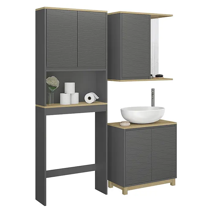 Vicco Badmöbel-Set Livia Anthrazit/Eiche 3 Teile - Anthrazit, Matt - Dunkelgraues Badmöbelset mit heller Holzoptik: Hochschrank, Spiegelschrank und Waschtischunterschrank mit weißem Aufsatzwaschbecken.