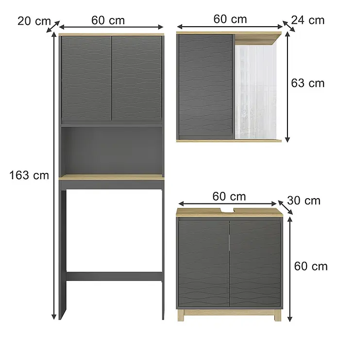 Vicco Badmöbel-Set Livia Anthrazit/Eiche 3 Teile - Anthrazit, Matt - Dreiteiliges modulare Möbelset mit dunkelgrauen Wellentüren und hellen Holzdetails. Enthält Hochschrank, Wandschrank und Unterschrank für vielseitigen Stauraum.