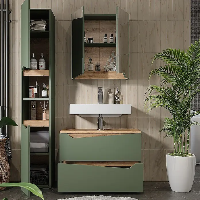 Vicco Badmöbel-Set Marelle Grün/Artisan 3 Teile mit Hochschrank - Grün, Matt - Grüne Badmöbel mit Holzdetails: hoher Schrank, Spiegelschrank, Waschtisch mit Waschbecken und Schubladen.