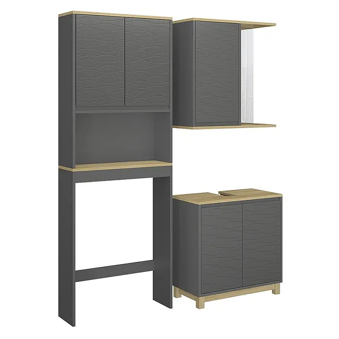 Vicco Badmöbel-Set Livia Anthrazit/Eiche 3 Teile - Anthrazit, Matt - Dunkelgraues modulares Badmöbelset mit heller Holzoptik und Türen mit Wellentextur, bestehend aus WC-Aufsatz, Wandschrank und Waschbeckenschrank.