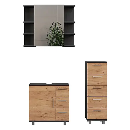 Vicco  Badmöbel-Set Ilias Anthrazit/Goldkraft Eiche 3 Teile, mit Midischrank