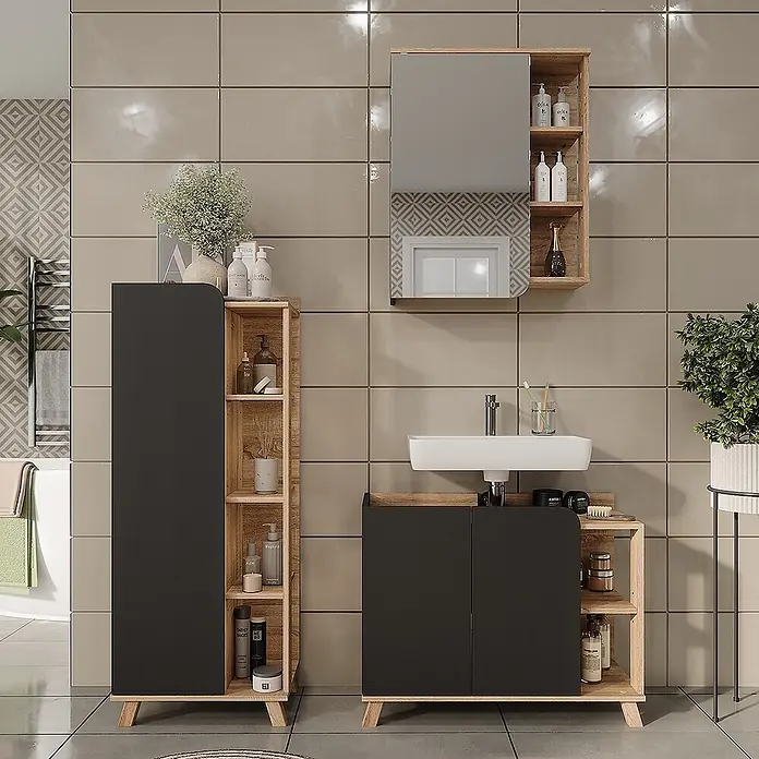 Vicco Badmöbel-Set Karen Sonoma/Anthrazit 3 Teile - Sonoma, Matt - Modernes Badezimmermöbel-Set aus Schwarz und Holz mit Waschbecken, Hochschrank und Spiegelschrank.