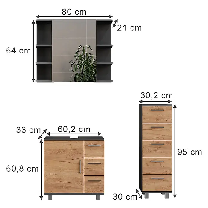 Vicco Badmöbel-Set Ilias Anthrazit/Goldkraft Eiche 3 Teile, mit Midischrank - Anthrazit, Matt - Möbelset: Spiegelschrank mit Regalen, kleiner Waschtischunterschrank mit Tür und Schubladen, hoher Schubladenschrank. Holzoptik und Dunkelgrau.