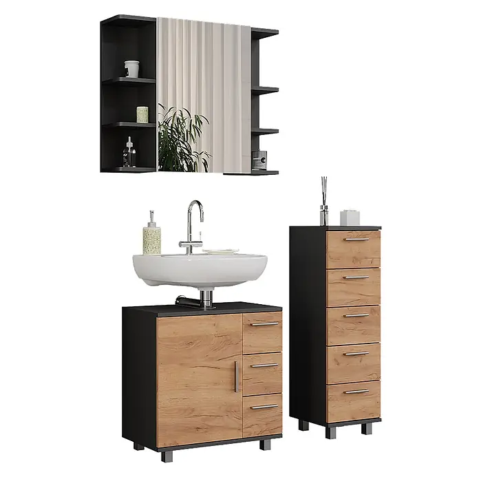 Vicco Badmöbel-Set Ilias Anthrazit/Goldkraft Eiche 3 Teile, mit Midischrank - Anthrazit, Matt - Modernes Badmöbel-Set in Schwarz und heller Holzoptik: Spiegelschrank, Waschtischunterschrank und Kommode.