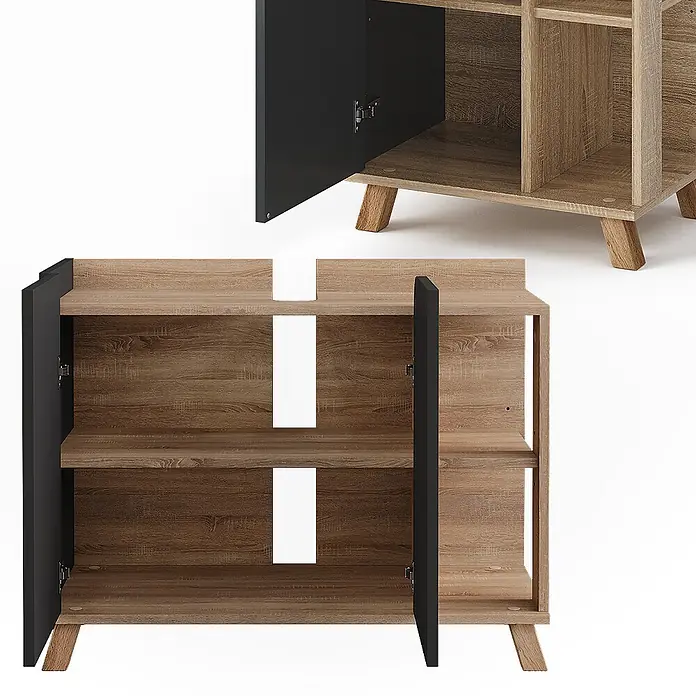 Vicco Badmöbel-Set Karen Sonoma/Anthrazit 3 Teile - Sonoma, Matt - Helles Holz-Medienmöbel mit schwarzen Türen, offenen Fächern und Kabelaussparungen, auf Holzfüßen.