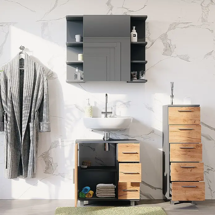 Vicco Badmöbel-Set Ilias Anthrazit/Goldkraft Eiche 3 Teile, mit Midischrank - Anthrazit, Matt - Modernes Badmöbel-Set mit weißem Waschbecken, dunkelgrauem Waschtisch und hellen Holzschubladen. Inkl. Spiegelschrank und hohem Stauraumschrank.