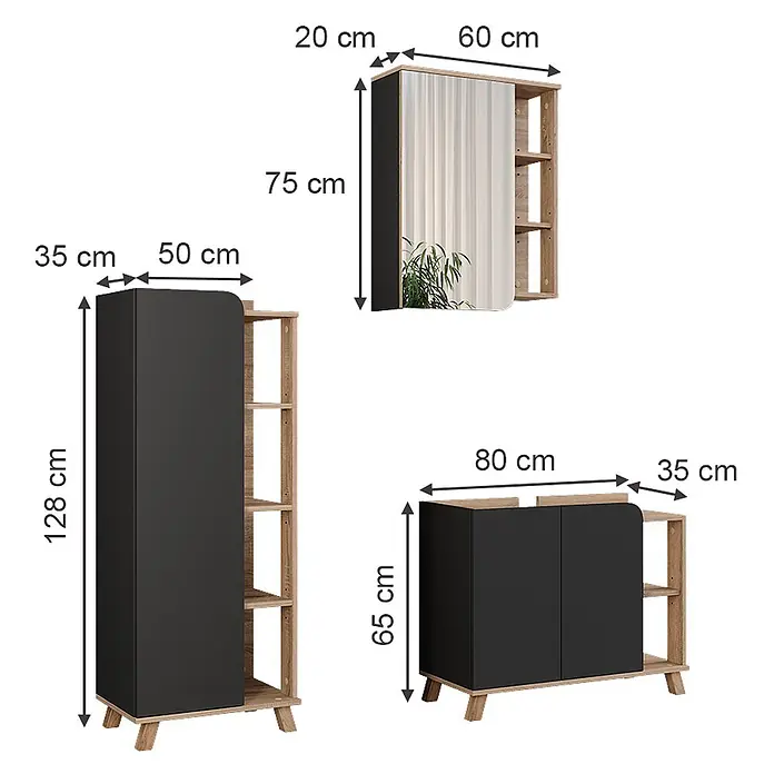 Vicco Badmöbel-Set Karen Sonoma/Anthrazit 3 Teile - Sonoma, Matt - Modernes Möbelset aus schwarzem und hellem Holz: Hochschrank, Spiegelschrank und niedriger Aufbewahrungsschrank.