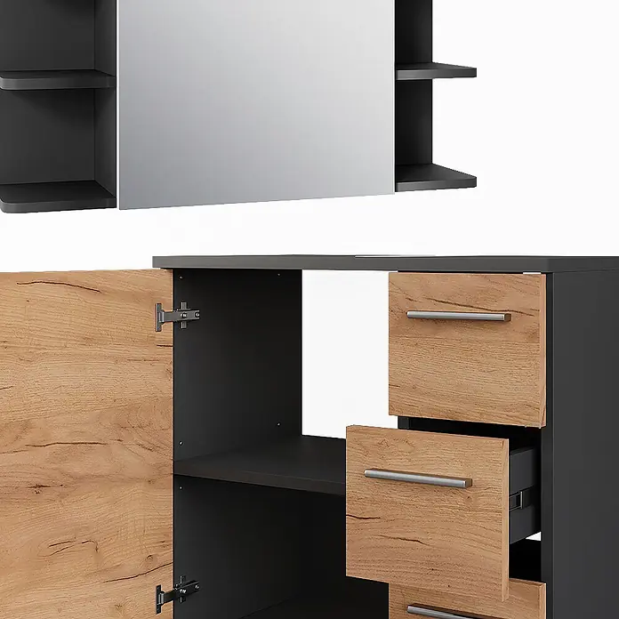 Vicco Badmöbel-Set Ilias Anthrazit/Goldkraft Eiche 4 Teile - Anthrazit, Matt - Zweifarbiges Wandspiegel-Set mit offenen Regalen und Kommode mit offener Tür, teilweise geöffneten Schubladen, in Dunkelgrau und hellem Holz.