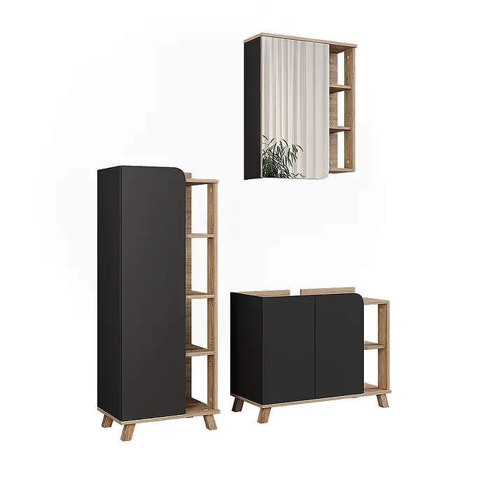 Vicco Badmöbel-Set Karen Sonoma/Anthrazit 3 Teile - Sonoma, Matt - Modulares Möbelset: schwarze Fronten, helle Holzoptikrahmen. Enthält Hochschrank, Unterschrank und Spiegelschrank zur Aufbewahrung.