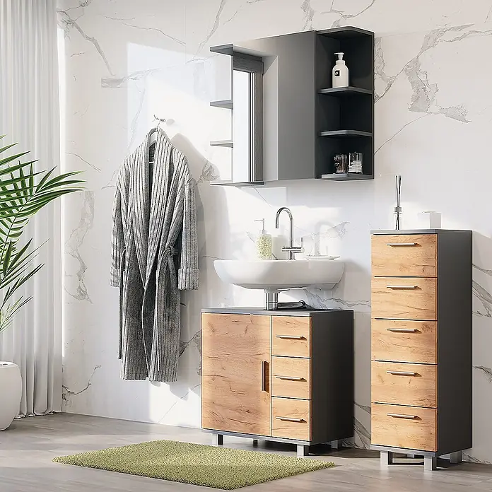 Vicco Badmöbel-Set Ilias Anthrazit/Goldkraft Eiche 3 Teile, mit Midischrank - Anthrazit, Matt - Badezimmermöbel-Set: Waschtisch, Hochschrank & Spiegelschrank in Holzoptik mit dunkelgrauen Rahmen.