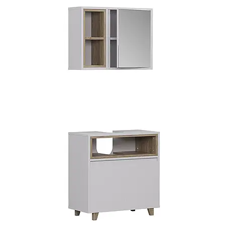 Vicco  Badmöbel-Set Elnor Weiß/Eiche mit Spiegelschrank und Unterschrank