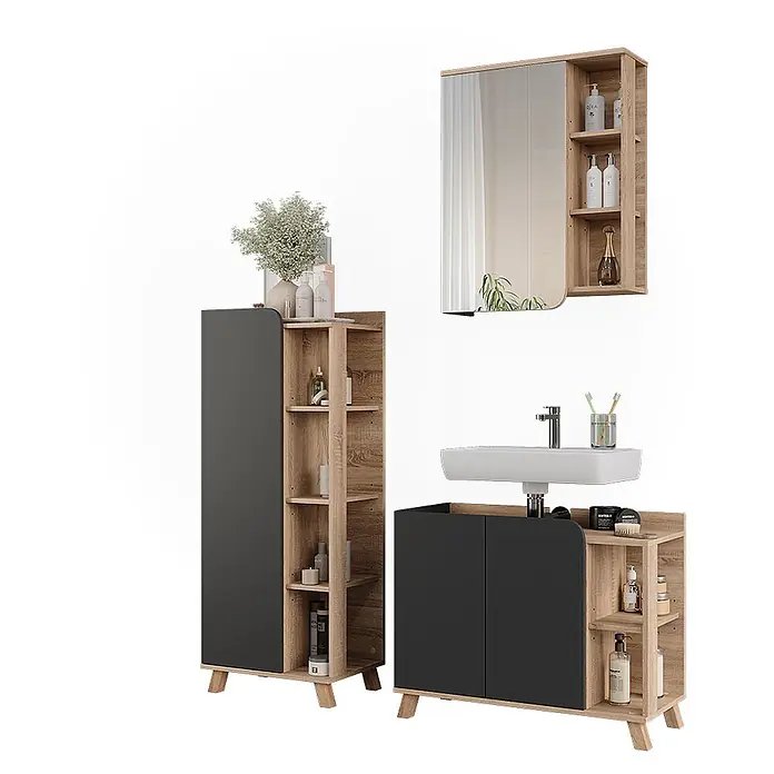 Vicco Badmöbel-Set Karen Sonoma/Anthrazit 3 Teile - Sonoma, Matt - Modernes Badmöbel-Set: Hochschrank, Waschbeckenunterschrank und Spiegelschrank in Dunkelgrau und Holz.