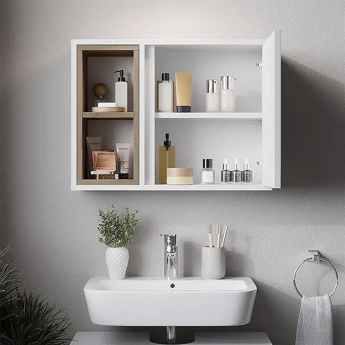 Vicco Badmöbel-Set Elnor Weiß/Eiche mit Spiegelschrank und Unterschrank - Weiß, Matt - Weißer Badezimmer-Wandschrank mit hellem Holzregal und offener Tür, über einem Waschbecken montiert.
