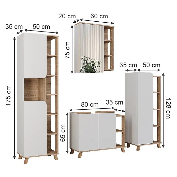 Vicco Badmöbel-Set Karen Sonoma/Weiß 4 Teile - Sonoma, Matt - Modulares Möbelset aus hellem Holz und Weiß, mit hohen, niedrigen und mittelhohen Schränken, offenen Regalen, geschlossenen Türen und einem Wandspiegelschrank.
