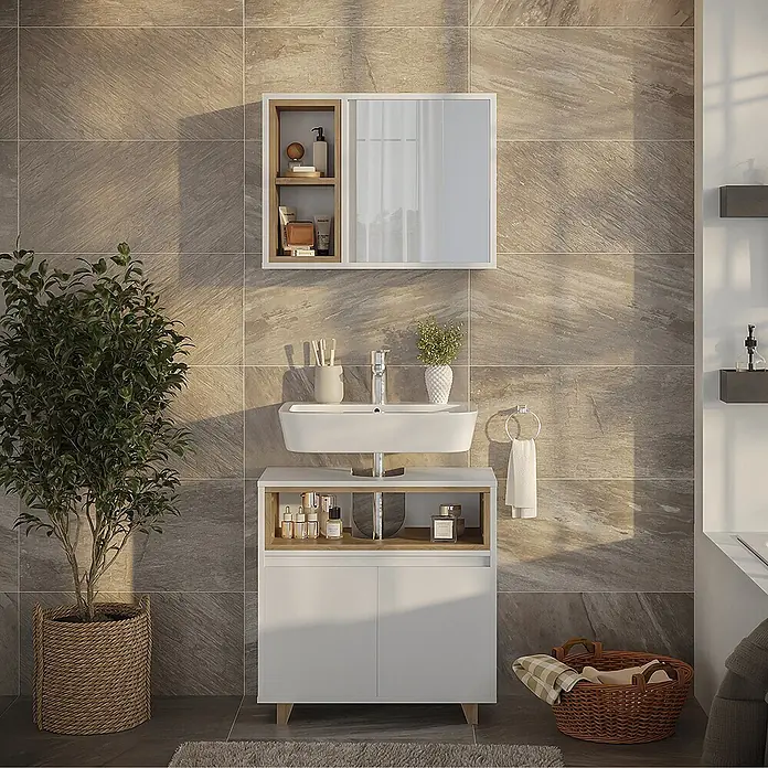 Vicco Badmöbel-Set Elnor Weiß/Eiche mit Spiegelschrank und Unterschrank - Weiß, Matt - Weißer Badschrank mit Holzdetails und integriertem Waschbecken, dazu passender Spiegelschrank mit offenen Regalen in modernem Bad.