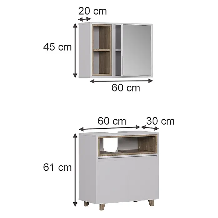 Vicco Badmöbel-Set Elnor Weiß/Eiche mit Spiegelschrank und Unterschrank - Weiß, Matt - Weißes und holzfarbenes Badezimmerschrank-Set: Oberschrank mit offenen Fächern und Spiegeltür, Waschtischunterschrank mit Aussparung und Türen.