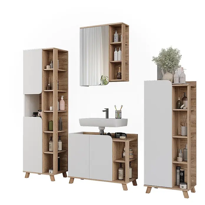 Vicco Badmöbel-Set Karen Sonoma/Weiß 4 Teile - Sonoma, Matt - Modernes Badmöbel-Set in hellem Holz und Weiß, mit Waschtisch, Spiegelschrank und zwei Hochschränken.