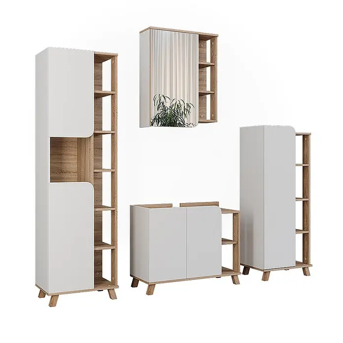 Vicco Badmöbel-Set Karen Sonoma/Weiß 4 Teile - Sonoma, Matt - Modulares Möbelset in Weiß und Eiche mit Schränken, offenen Regalen und Spiegeleinheit auf Holzbeinen.
