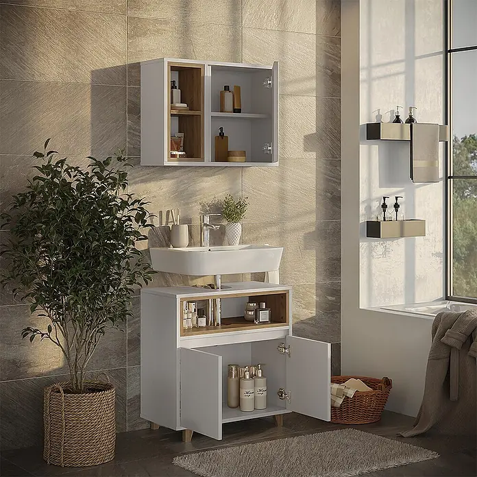 Vicco Badmöbel-Set Elnor Weiß/Eiche mit Spiegelschrank und Unterschrank - Weiß, Matt - Weißes Badezimmerschrank-Set mit Spüle und Holzdetails für Stauraum.