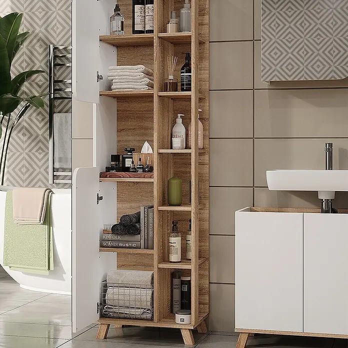 Vicco Badmöbel-Set Karen Sonoma/Weiß 4 Teile - Sonoma, Matt - Badezimmerschrank in Holzoptik und Weiß mit offenen Regalen und Seitenschrank, zur Aufbewahrung von Toilettenartikeln und Handtüchern.