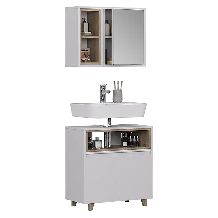 Vicco Badmöbel-Set Elnor Weiß/Eiche mit Spiegelschrank und Unterschrank - Weiß, Matt - Weißes und helles Holz Badezimmermöbel-Set mit Spiegelschrank, Waschbecken und Unterschrank mit offenen und geschlossenen Fächern.
