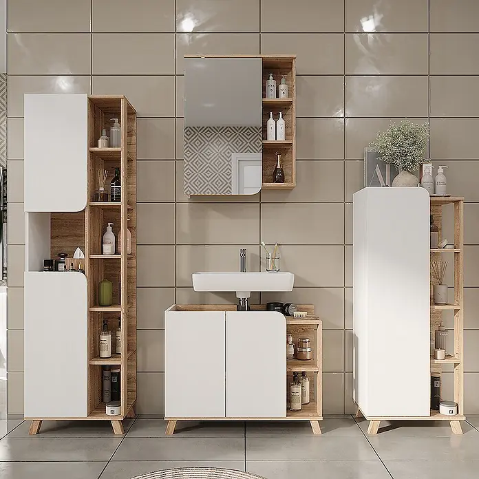 Vicco Badmöbel-Set Karen Sonoma/Weiß 4 Teile - Sonoma, Matt - Weißes und helles Holz Badezimmermöbelset mit Waschtisch, Spiegelschrank und zwei Hochschränken in moderner Badezimmerumgebung.