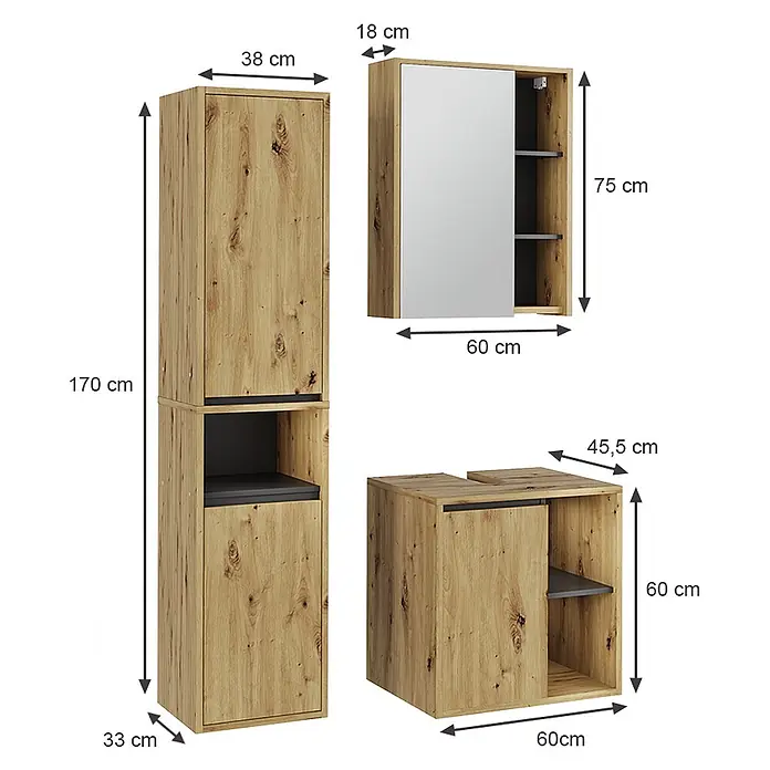 Vicco Badmöbel-Set Viola Artisan/Grau 3 Teile - Artisan-Eiche, Matt - Badmöbelset in heller Eichenoptik mit dunkelgrauen Akzenten, bestehend aus Hochschrank, Spiegelschrank und Waschtischunterschrank, bemaßt.