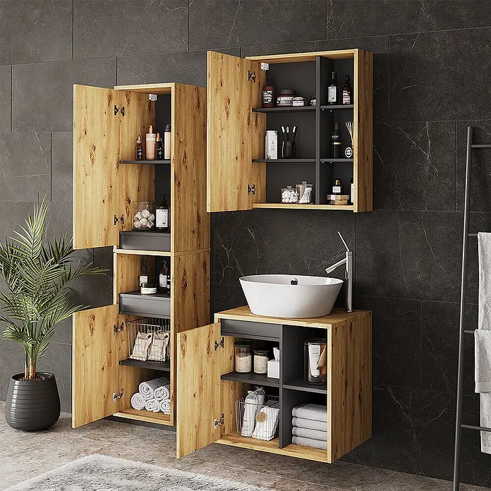 Vicco Badmöbel-Set Viola Artisan/Grau 3 Teile - Artisan-Eiche, Matt - Modulare Badmöbel aus hellem Holz und Dunkelgrau mit weißem Waschbecken, vielseitigem Stauraum für Toilettenartikel und Handtücher.