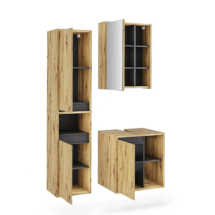 Vicco Badmöbel-Set Viola Artisan/Grau 3 Teile - Artisan-Eiche, Matt - Modulares Badmöbelset in heller Holzoptik und Dunkelgrau, mit Hochschrank, Spiegelschrank und Waschtischunterschrank.