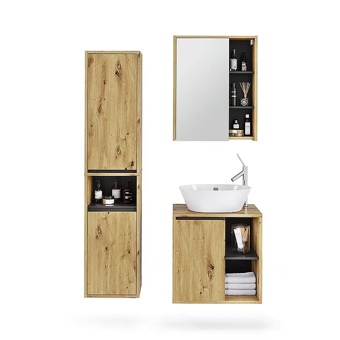 Vicco Badmöbel-Set Viola Artisan/Grau 3 Teile - Artisan-Eiche, Matt - Badmöbel-Set in heller Holzoptik mit dunkelgrauen Akzenten, bestehend aus Hochschrank, Spiegelschrank und Waschtischunterschrank mit Becken.