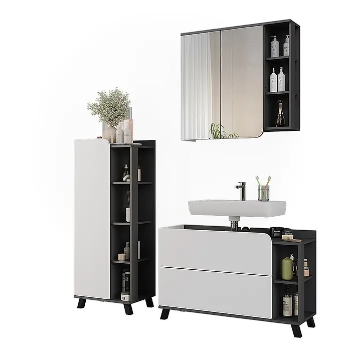 Vicco Badmöbel-Set Karen Anthrazit/Weiß 3 Teile - Anthrazit, Matt - Modernes Badmöbel-Set in Weiß und Dunkelgrau mit Waschtisch, Hochschrank und Spiegelschrank mit offenen Regalen.