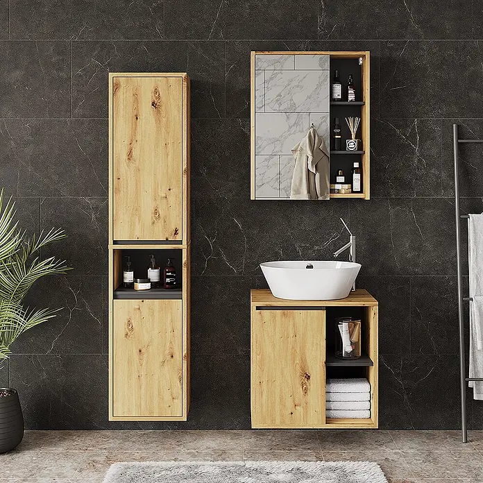 Vicco Badmöbel-Set Viola Artisan/Grau 3 Teile - Artisan-Eiche, Matt - Badezimmermöbel-Set aus hellem Holz mit Waschbecken, Hochschrank und Spiegelschrank.
