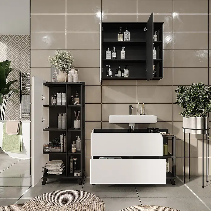 Vicco Badmöbel-Set Karen Anthrazit/Weiß 3 Teile - Anthrazit, Matt - Modernes schwarz-weißes Badmöbelset mit Wandschrank, hohem Stauraumschrank und Waschtisch.