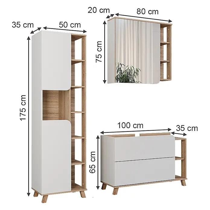 Vicco Badmöbel-Set Karen Sonoma/Weiß 3 Teile - Sonoma, Matt - Modulares Möbelset in Weiß und heller Holzoptik mit hohem Schrank, Wandspiegel und Kommode, Maße angegeben.