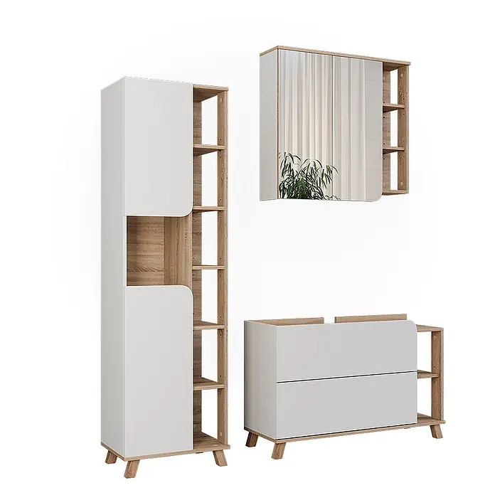 Vicco Badmöbel-Set Karen Sonoma/Weiß 3 Teile - Sonoma, Matt - Weiß-holzfarbenes, modulares Möbelset: hoher Schrank mit Regalen, Spiegelschrank und niedrige Kommode mit Schubladen und Regalen.